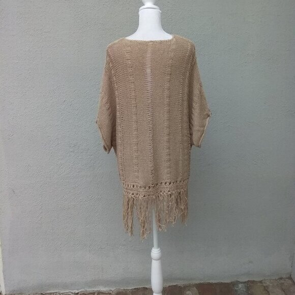 Gragham & Spencer Sweater Women's Med Tan Beige Fringe Pullover Bohemian - Picture 4 of 9